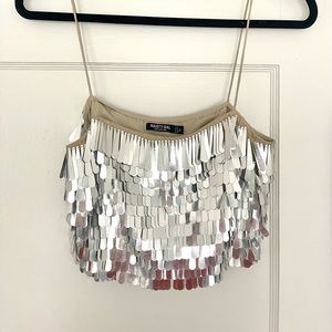 NastyGal Sequined Embellished fringe Silver Crop Top